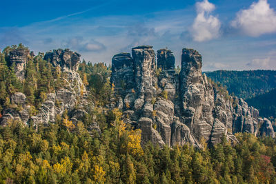 Panoramic view of trees and rocks against sky