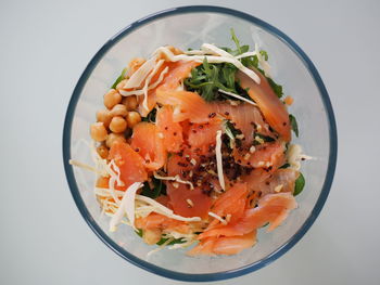 High angle view of salad in bowl on table