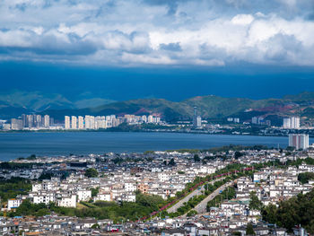 High angle view of cityscape against sky