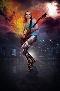 Digital composite image of woman playing guitar