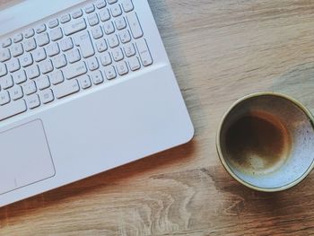 High angle view of coffee cup on table