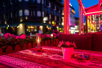 Lantern and potted plant on table at night