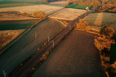 Aerial view of railway countryside landscape at sunset