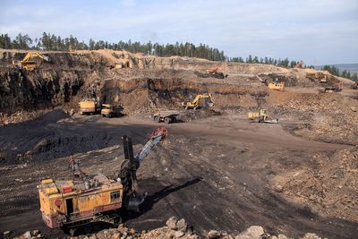 High angle view of construction machineries at site