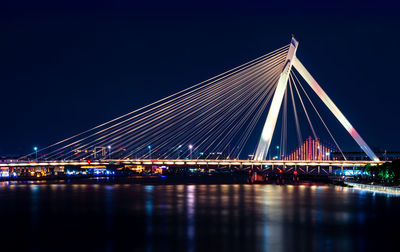 Illuminated bridge over river at night