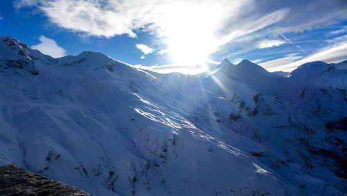 The view of the mountains is covered with snow.