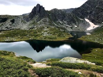 Scenic view of lake and mountains against sky