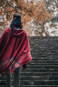 Rear view of person with red cape and top hat walking up stairs