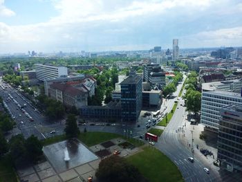 High angle view of buildings in city