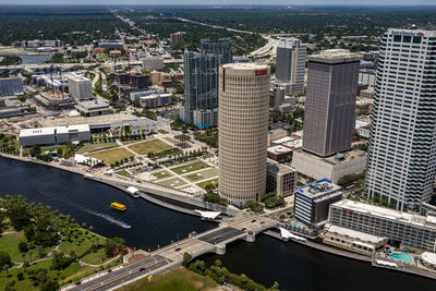 High angle view of city buildings