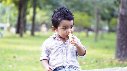Cute boy eating food in park