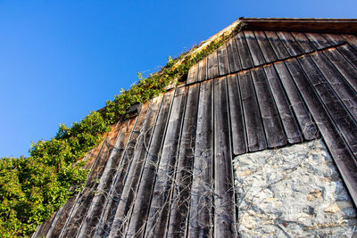 Low angle view of building against clear blue sky