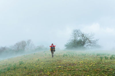 Back view of anonymous explorer with backpack walking across blooming meadow in misty morning