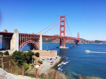 Low angle view of golden gate bridge over river against blue sky
