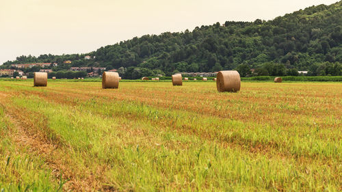 Hay bales on field against sky