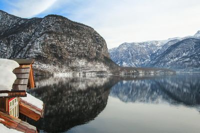 Scenic view of lake and mountains against sky