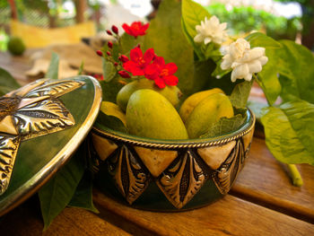 Close-up of mangoes in bowl on table