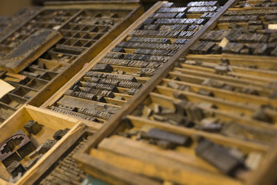 Full frame shot of equipment on wooden container