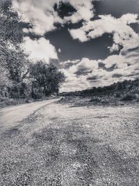 Road by trees on field against sky