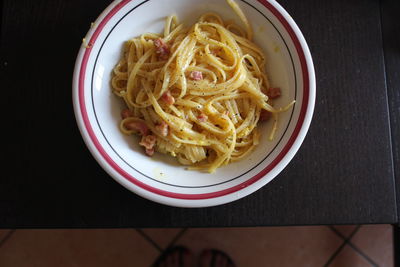 High angle view of noodles served in plate on table