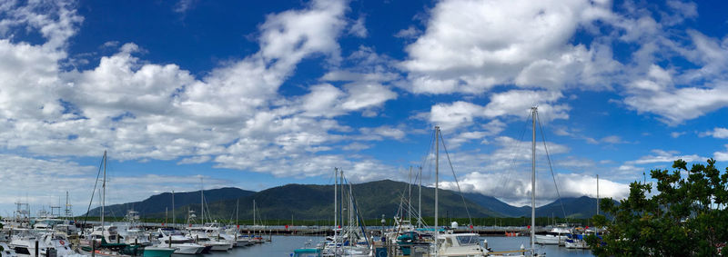 Sailboats moored at harbor against sky