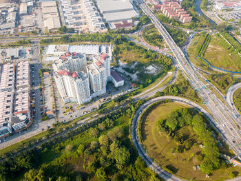 High angle view of street amidst buildings in city