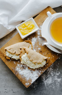 High angle view of dessert on table