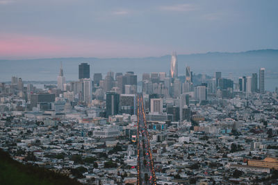 High angle view of cityscape against sky during sunset