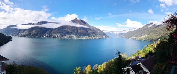 Panoramic view of lake and mountains against sky