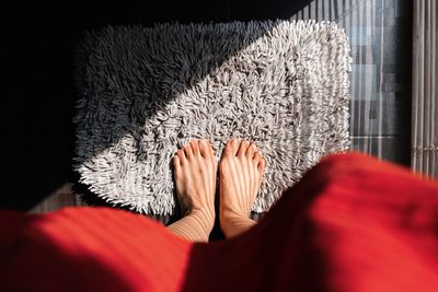 Low section of woman on doormat at home