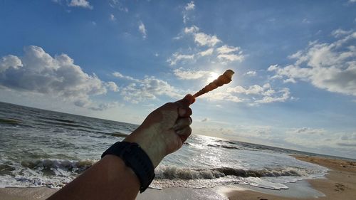 Cropped hand of man holding seashell at beach against blue sky