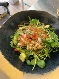 High angle view of food in plate on table