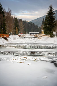 Scenic view of snow covered landscape against sky