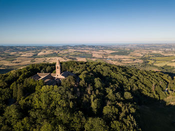 High angle view of trees on landscape against sky