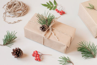 A christmas gift, packed in kraft paper and decorated with a pine branch and a cone.