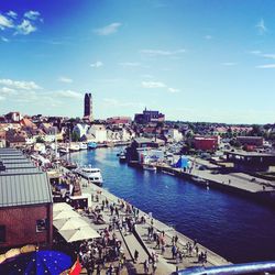 High angle view of city at waterfront