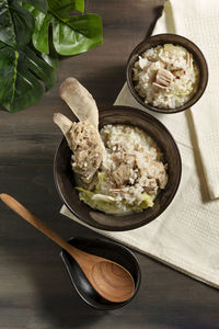 High angle view of food in bowl on table