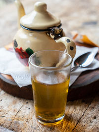 Close-up of tea in glass on table