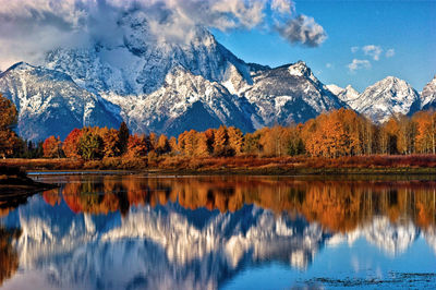 Mount moran reflected in the snake river at oxbow bend  in grand teton national park, wyoming. 