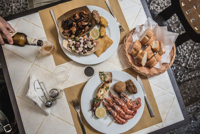 High angle view of food served on table