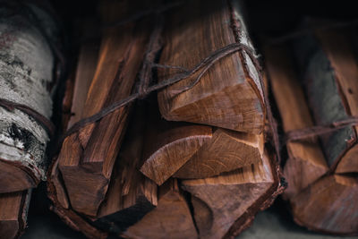 Close-up detail of chopped logs of a tree tied with a rope. background with natural texture