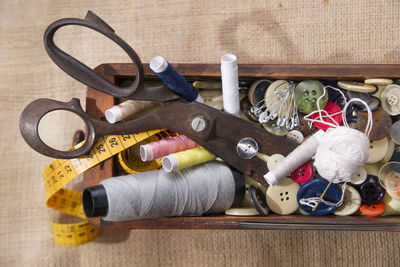 High angle view of sewing item on table