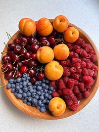 Bowl with various fruits, blueberries, raspberries, cherries, apricots, summer fruits