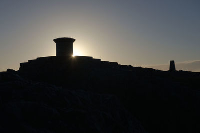 Low angle view of silhouette rocks against clear sky during sunset