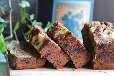 Banana bread slices on table