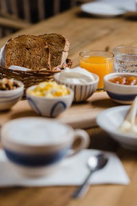 Close-up of breakfast served on table