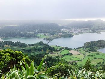 High angle view of trees and mountains against sky