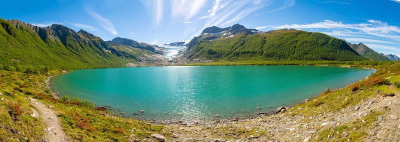 Panoramic view of lake and mountains against sky