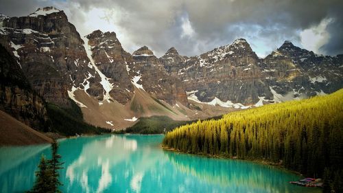 Panoramic view of lake and mountains against sky