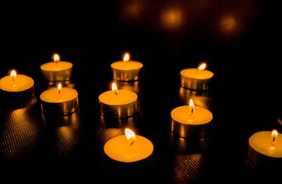 Close-up of illuminated tea light candle